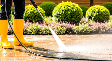 Person in yellow boots pressure washing brick pavement near trimmed bushes, using high-pressure hose for outdoor cleaning task. 