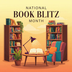 Cozy Reading Nook With Bookshelves And Open Book For National Book Blitz Month bookshelf
