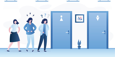 Group of women standing in hallway in front of closed restroom door. Queue for the toilet. Problem of long wait times. Occupied bathroom. Ladies need to pee, waiting in line
