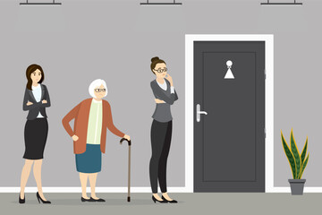 Group of women standing in hallway in front of closed restroom door. Queue for the toilet. Problem of long wait times. Occupied bathroom. Ladies need to pee, waiting in line