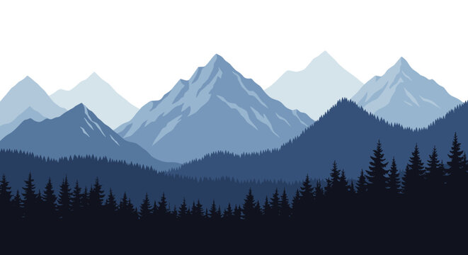 Serene landscape of layered blue mountains and dark evergreen forests under a bright sky.