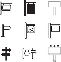 Advertising and Directional Signage Icon Set: Storefront, Hanging, and Billboard