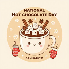Cute hot chocolate mug with marshmallows and cinnamon sticks for National Hot Chocolate Day