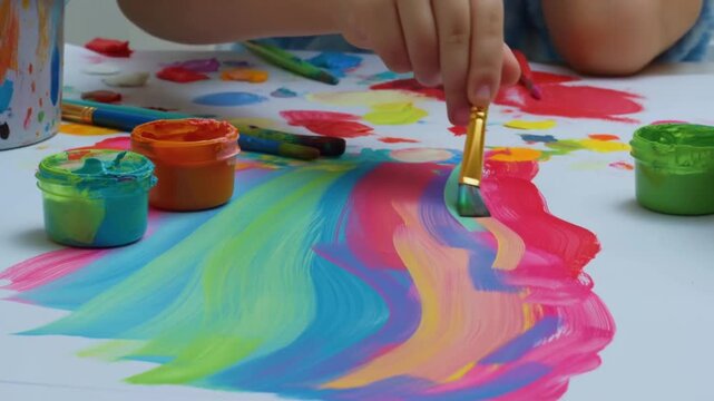 A child using bright paints to draw their mood on a large sheet of paper. Creative expression of emotions and inner world through art.