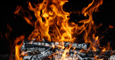 A log of wood is burning in a fire, with the flames reaching high into the air