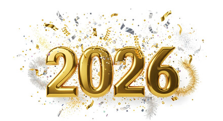 Luxury Golden 2026 Text with Confetti and Streamers on White for New Year