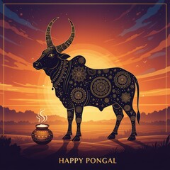 Decorated Bull and Pongal Pot Against a Sunset Sky happy pongal festival