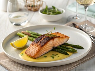 Gourmet plated dish of roasted salmon with fresh asparagus, lemon wedge, and a yellow sauce for a healthy fine dining experience