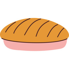 Simple illustration of a baked pastry with brown stripes on a pink base with a transparent background