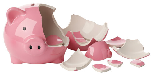 A shattered pink ceramic piggy bank with its pieces scattered isolate broken saving money finance economy loss financial debt bankruptcy crisis concept