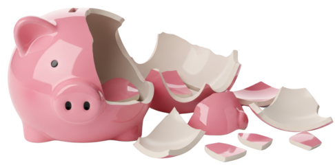A shattered pink ceramic piggy bank with its pieces scattered isolate broken saving money finance economy loss financial debt bankruptcy crisis concept