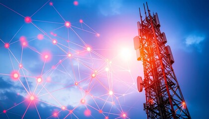 Telecom tower with antennas and red-node network overlay against glowing sky.