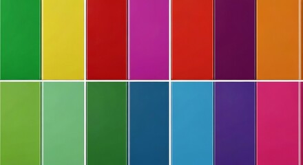 Twelve vertical colorful panels are arrayed into a tworow rectangular composition