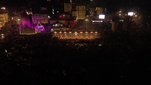 4K Drone Footage of Ganga Aarti at Dashashwamedh Ghat, Varanasi | Aerial View of Banaras Evening Aarti Ceremony on the Banks of River Ganga