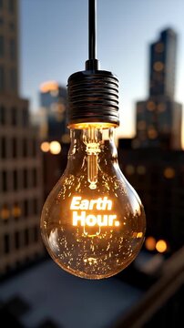 Luminous filament bulb featuring Earth Hour message suspended above a distant dark city panorama. Warm glow illuminates urban landscape during global energy saving event.