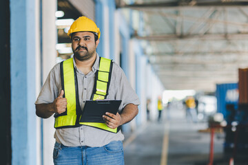 Warehouse worker working in warehouse storage. Foreman or worker work at factory site check up products in site. Inventory worker working in  factory Storehouse