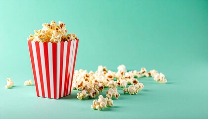 Popcorn in striped container on teal surface.