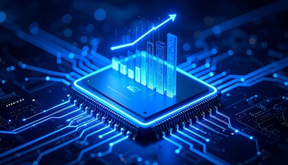 Futuristic microchip with glowing data bars and rising arrow.