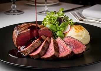 Perfectly cooked beef tenderloin, exquisitely sliced and drizzled with a rich red wine sauce, served alongside creamy mashed potatoes and a fresh green salad, for an elegant dining experience