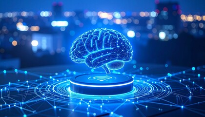 Holographic blue brain with neural network over cityscape.