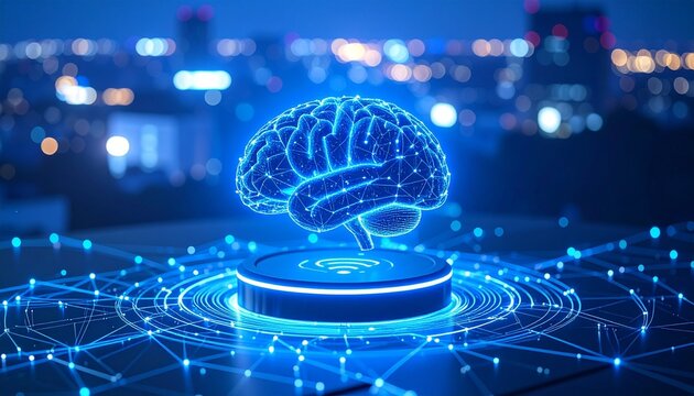 Holographic blue brain with neural network over cityscape.