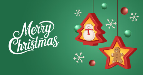 Merry Christmas lettering with hanging ornaments shaped like gingerbread man, snowflake, and star on green background, fun holiday illustration design.