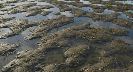 Wet muddy ground with small patches of water sparse grass and plant debris visible