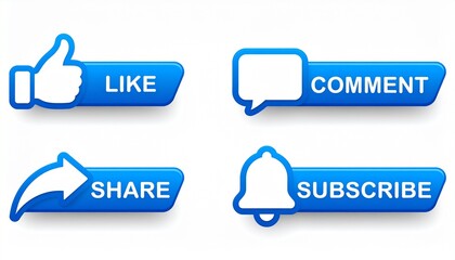Blue social media buttons for Like, Comment, Share, Subscribe.