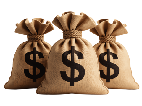 Three money bags isolated on transparent background