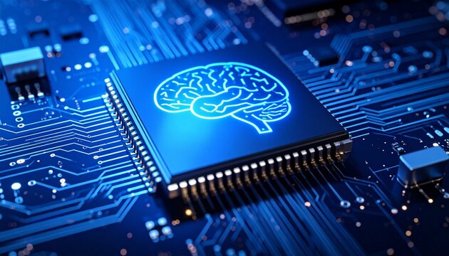 AI brain chip glowing on circuit board with gold connectors.
