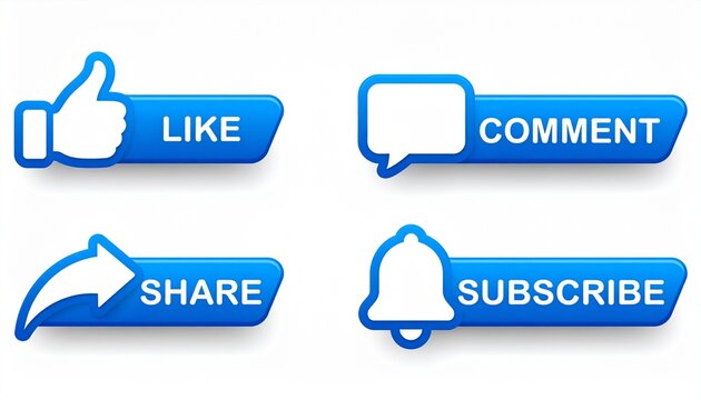 Blue social media buttons for Like, Comment, Share, Subscribe.
