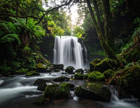 Scenic waterfall cascading through lush, green forest with mossy rocks