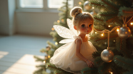 A little fairy girl in a white dress sits on a Christmas tree, Happy Christmas concept, digital painting