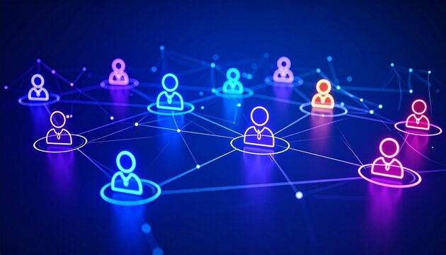 Digital network of connected people on blue-purple gradient.