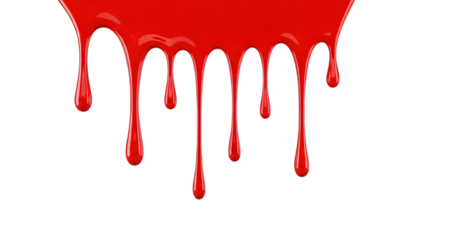 Vibrant red liquid dripping down in abstract streaks isolated on transparent background