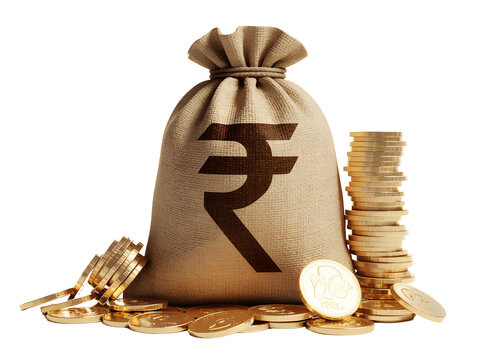 Bag of indian rupees isolated on transparent background