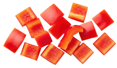 Sliced vibrant red bell pepper pieces scattered showcasing fresh vegetable texture and color isolate red pepper chopped diced food healthy ingredient cooking