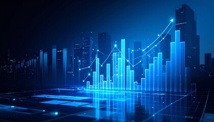 Futuristic data center with glowing servers and 3D financial chart overlay.