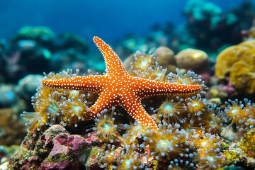 A starfish crawling over a coral reef while polyps extend around it