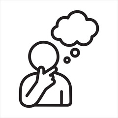 Thinking figure with hand on chin and thought bubble outline icon vector