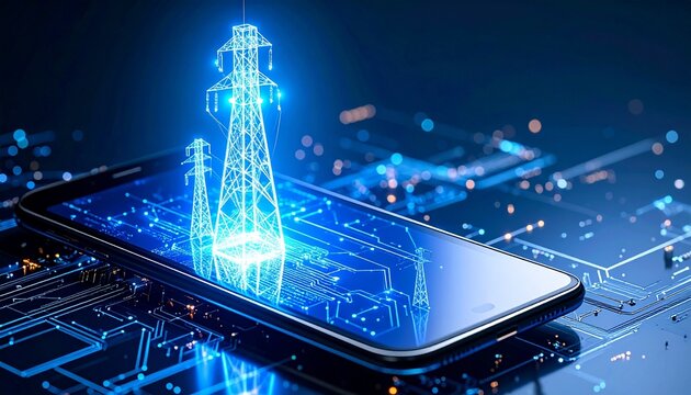 Mobile phone projecting telecom towers over circuit board background.