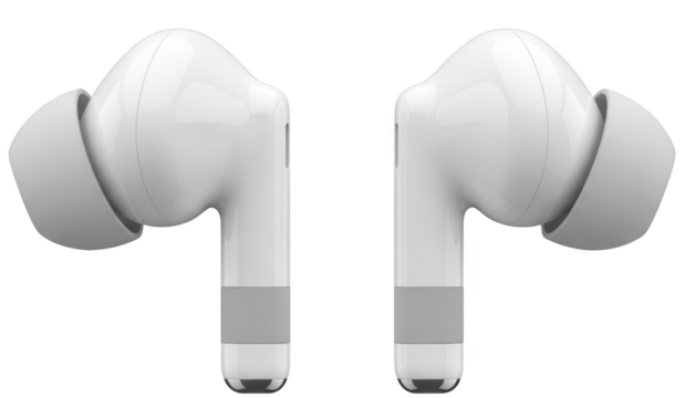 Two White Wireless Earbuds With Gray Silicone Tips And Silver Bands Presented On A Transparent Background For Isolation Audio Sound Technology Music Listening Transparent Background