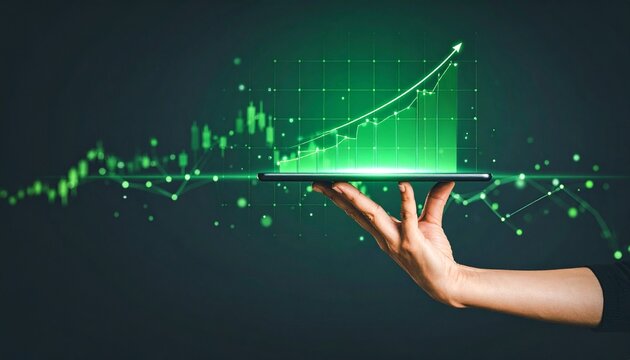 Hand holding tablet with glowing green financial graph and data overlays.