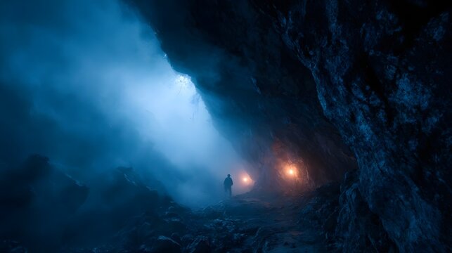 A lone figure explores a dark misty cave illuminated by ethereal blue light and warm torches