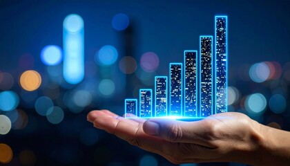 Hand holding holographic bar chart with rising bars against blurred city lights at night.
