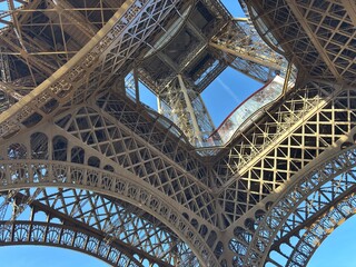 Looking up through the Eiffel Tower, Paris