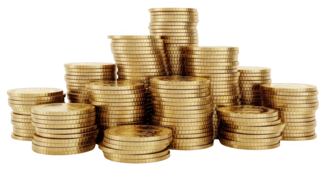 Stacks Of Shiny Golden Coins Arranged In Varying Heights Against A Transparent Background Perfect Isolate Money Wealth Financial Savings Investment Banking Currency