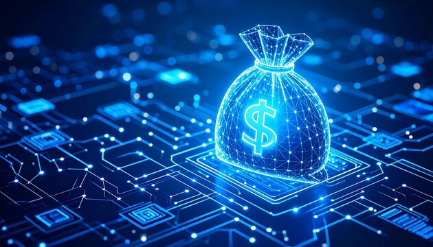 Glowing blue digital money bag with dollar sign on illuminated circuit board background.