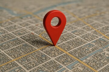Red location marker on a detailed map indicating a specific point of interest in a vibrant urban setting