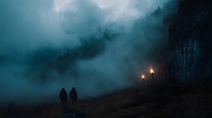 Naklejka premium Two silhouetted figures walk through a misty mountain landscape illuminated by flickering torches at dusk
